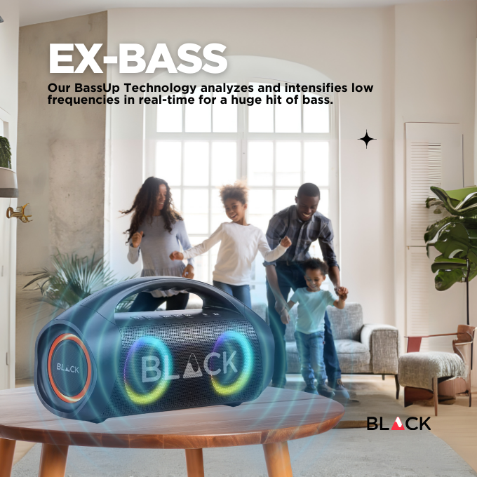 BLACK BassBoom Wireless Bluetooth Speaker, 60W, Optional Microphone, Up to 10H Playtime, 1 Yr Warranty BLACK BassBoom Wireless Bluetooth Speaker, 60W, Optional Microphone, Up to 10H Playtime, 1 Yr Warranty